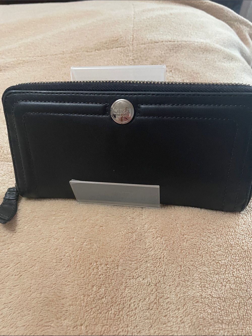 Coach Black Leather Zip Wallet with Silver Logo Button